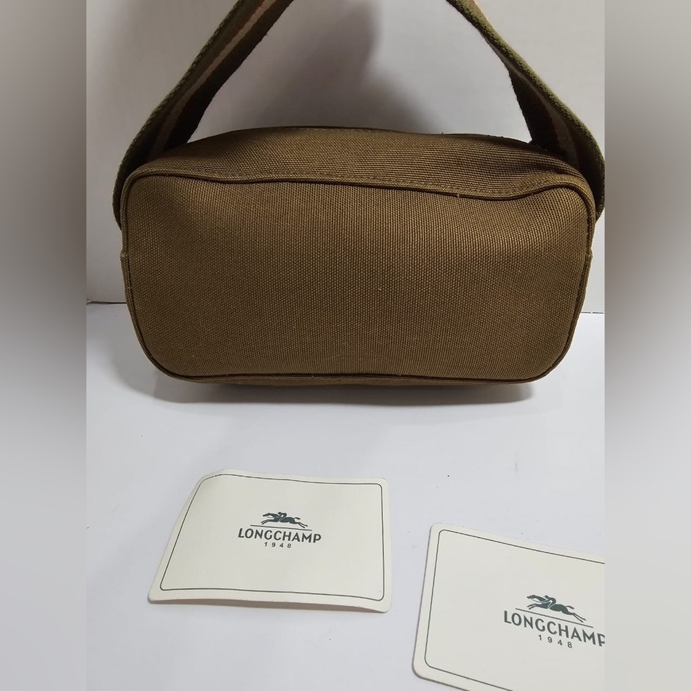 NWT Longchamp 1948 Canvas Pouch - Olive Green Small Handbag with Striped Handle
